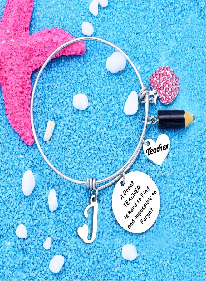 Aeora Thank You Silver A - Z 26 Initial Letter Dangle Bangle Adjustable Jewelry Gift For Women Lady Teacher Birthday Christmas Teacher's Day Thanksgiving Day,Student Back To School End Of Term Graduation Season Gift For Teacher (J) - Image 4